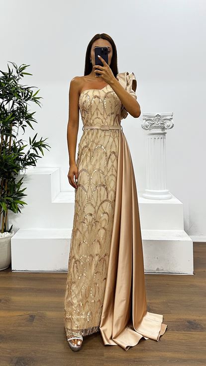 Gold One Shoulder Embroidered Evening Dress