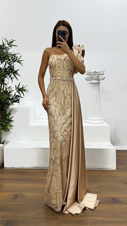 Gold One Shoulder Embroidered Evening Dress