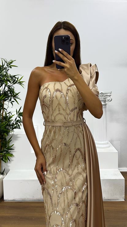 Gold One Shoulder Embroidered Evening Dress