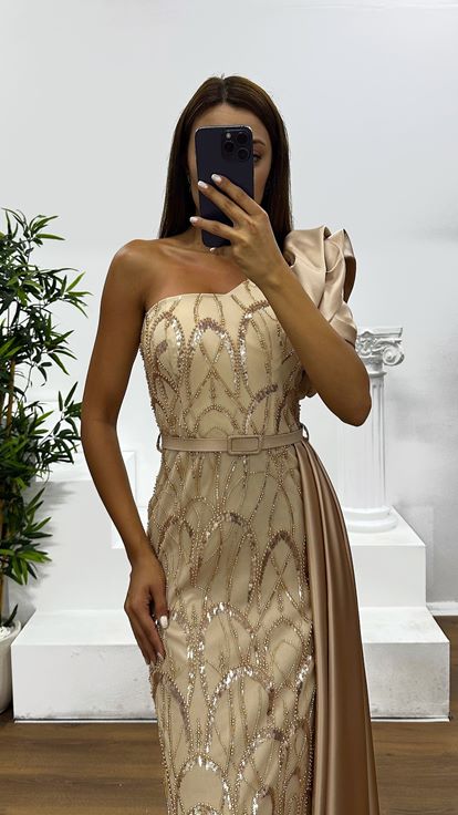Gold One Shoulder Embroidered Evening Dress