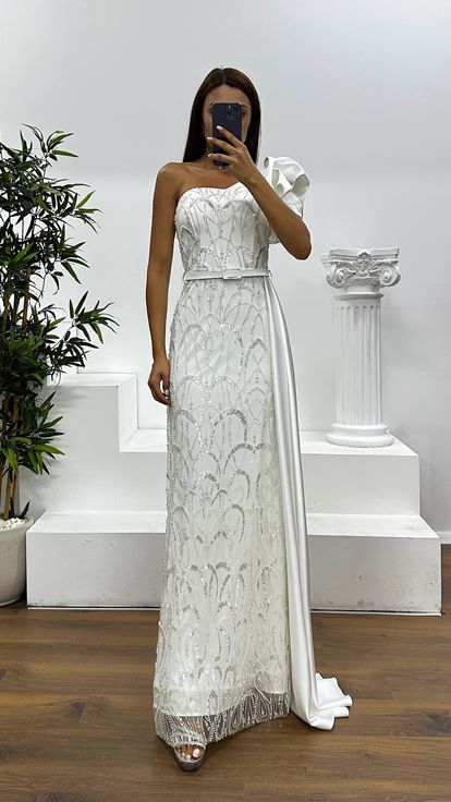 Bone One Shoulder Embroidered Evening Dress