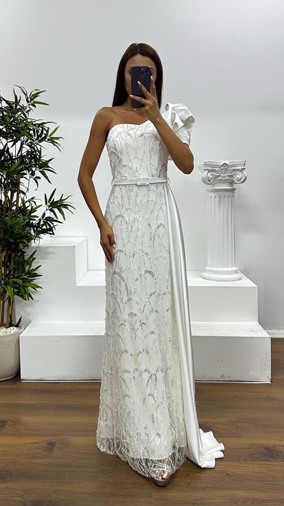 Bone One Shoulder Embroidered Evening Dress