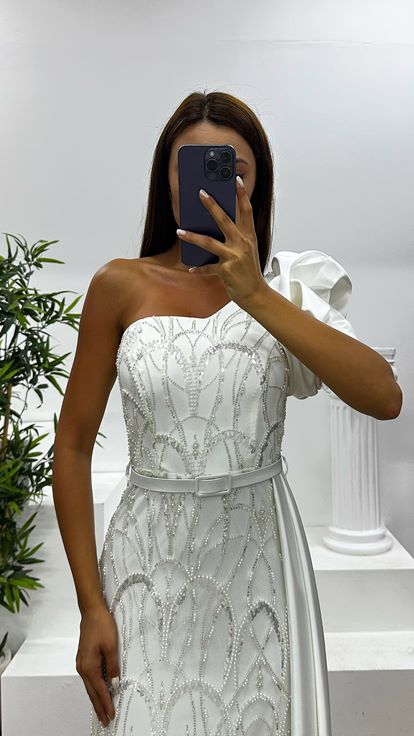 Bone One Shoulder Embroidered Evening Dress