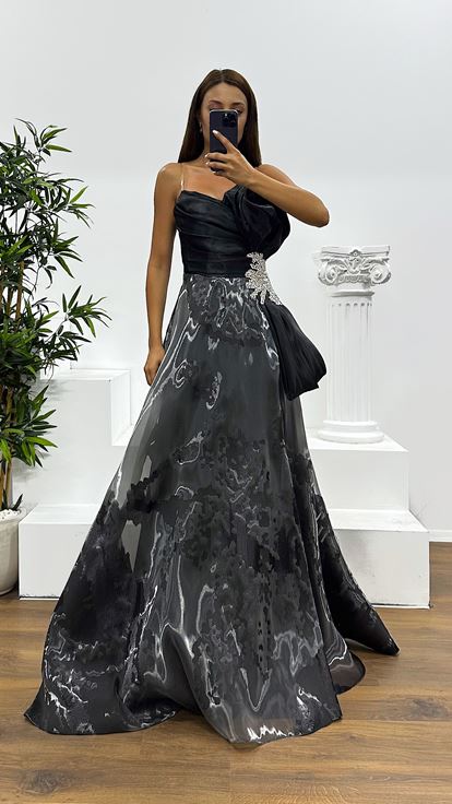 Black Strapless Evening Dress with Waist Stone Detail