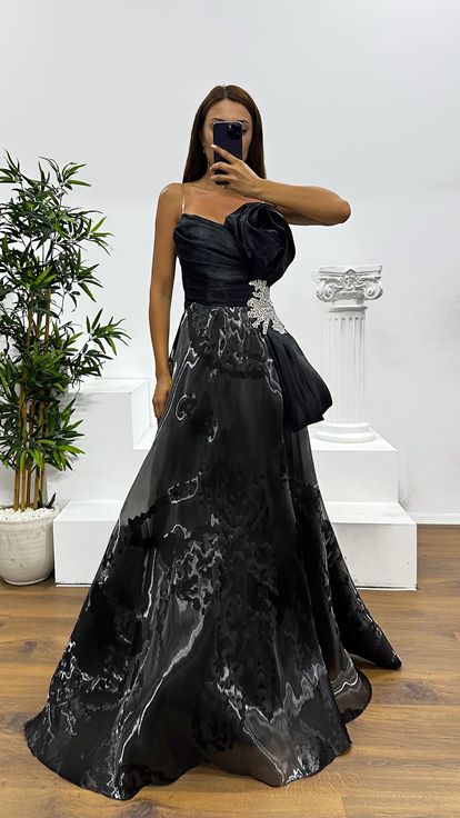 Black Strapless Evening Dress with Waist Stone Detail