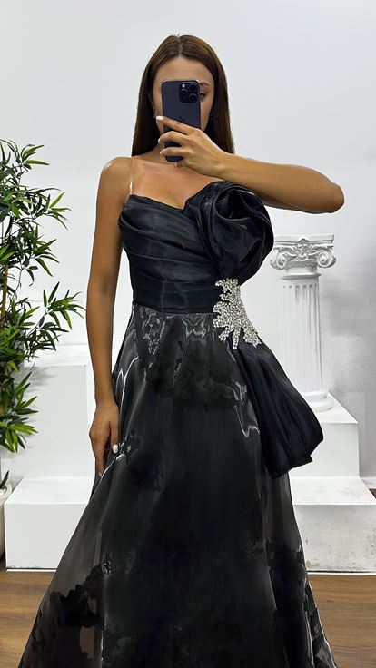 Black Strapless Evening Dress with Waist Stone Detail