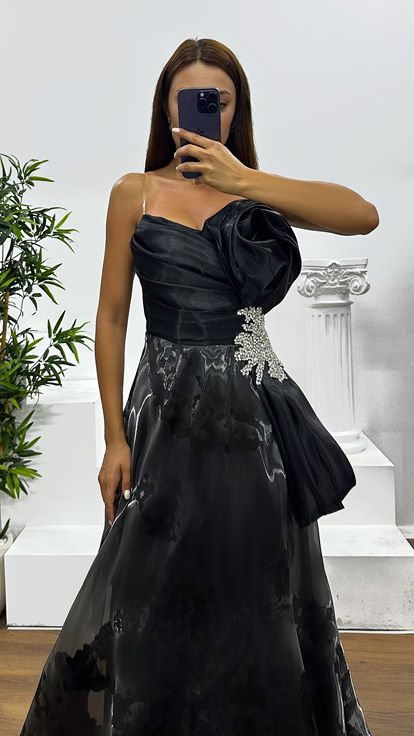 Black Strapless Evening Dress with Waist Stone Detail