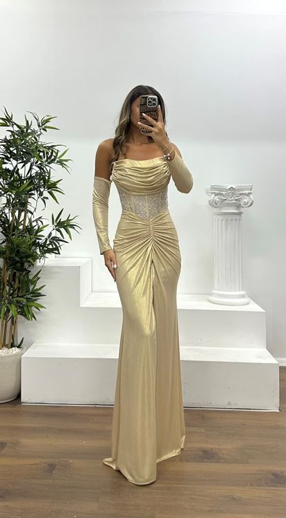 Gold Straplez Elbivenli Abiye Elbise