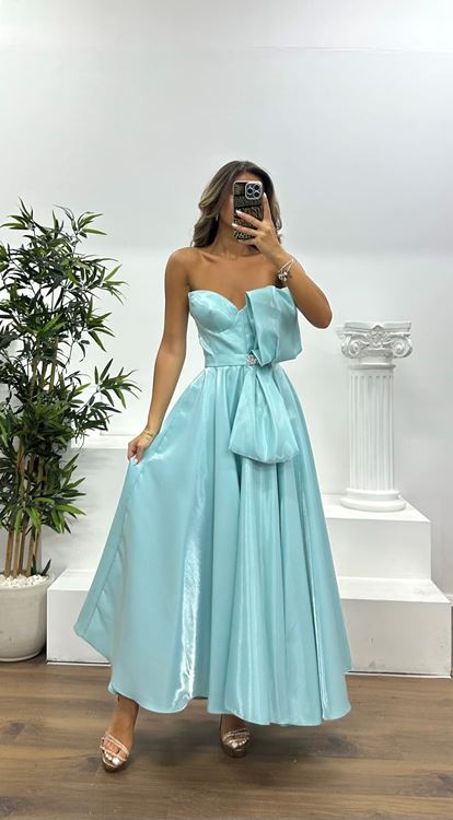 Mint Straplez Midi Saten Abiye Elbise