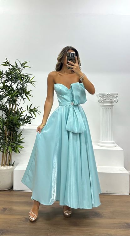 Mint Straplez Midi Saten Abiye Elbise
