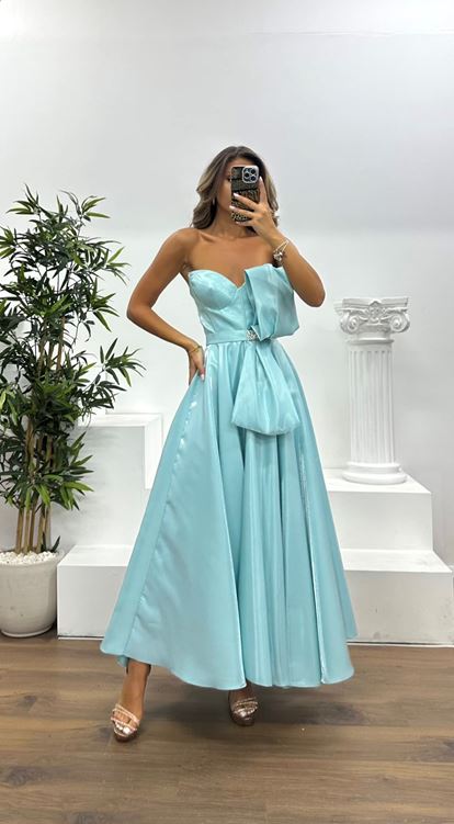 Mint Straplez Midi Saten Abiye Elbise