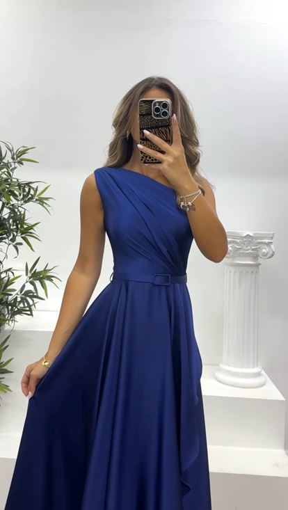 Lacivert Tek Omuz Midi Abiye Elbise