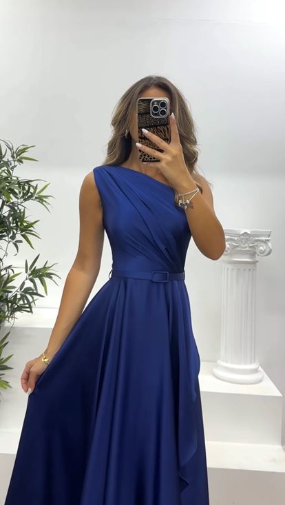 Lacivert Tek Omuz Midi Abiye Elbise