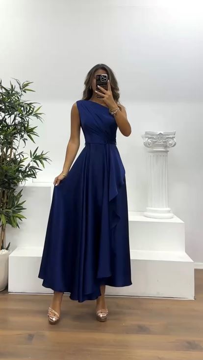 Lacivert Tek Omuz Midi Abiye Elbise