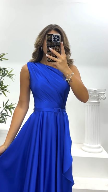 Saks Tek Omuz Midi Abiye Elbise