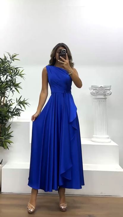 Saks Tek Omuz Midi Abiye Elbise