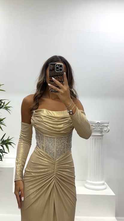 Gold Straplez Elbivenli Abiye Elbise