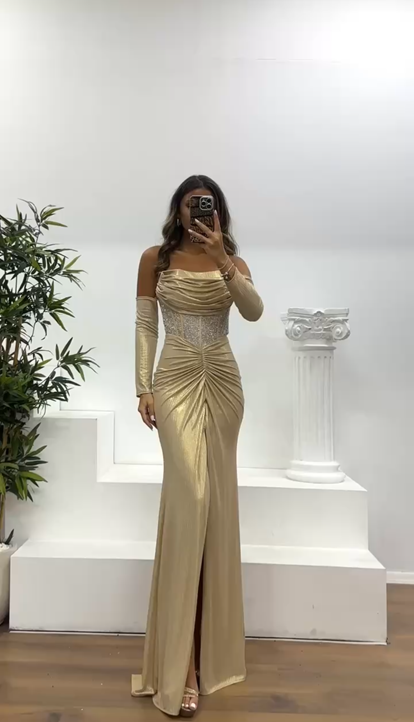 Gold Straplez Elbivenli Abiye Elbise