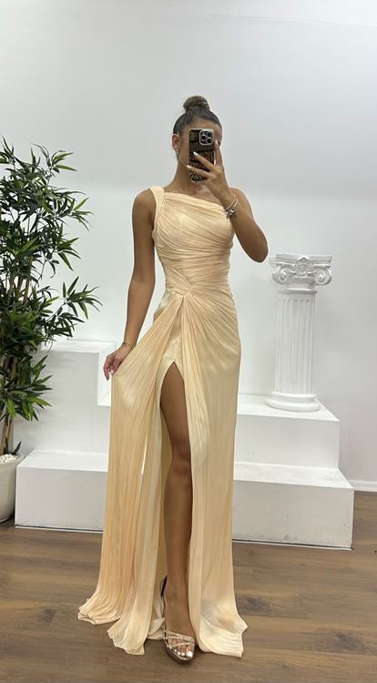 Açık Gold Tek Omuz Drape Detay Şifon Abiye Elbise