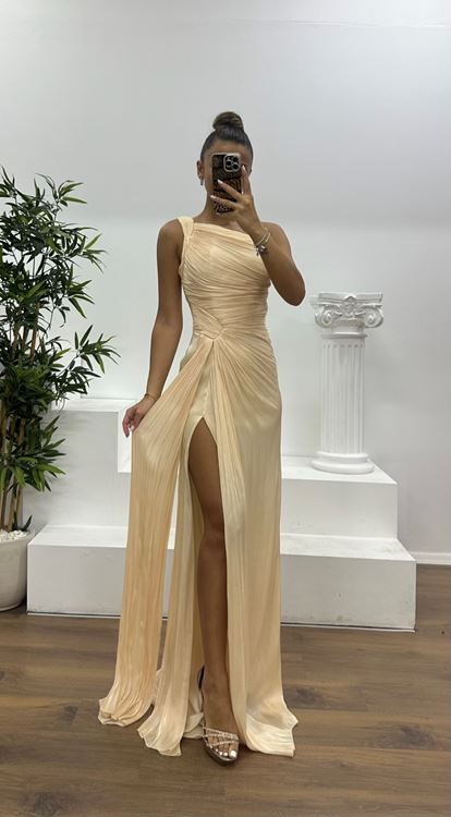 Açık Gold Tek Omuz Drape Detay Şifon Abiye Elbise