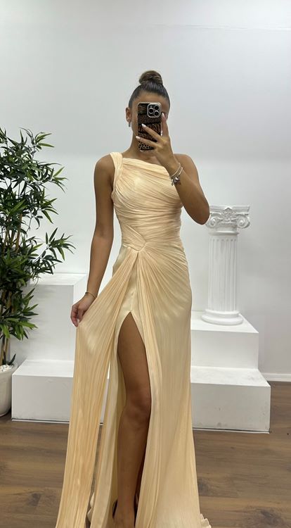 Açık Gold Tek Omuz Drape Detay Şifon Abiye Elbise