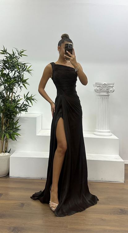 Kahverengi Tek Omuz Drape Detay Şifon Abiye Elbise