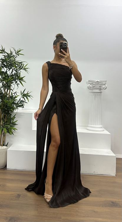 Kahverengi Tek Omuz Drape Detay Şifon Abiye Elbise