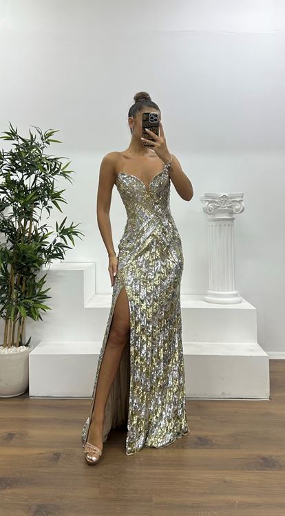 Krem-Gold Straplez Özel İşlemesi Abiye Elbise