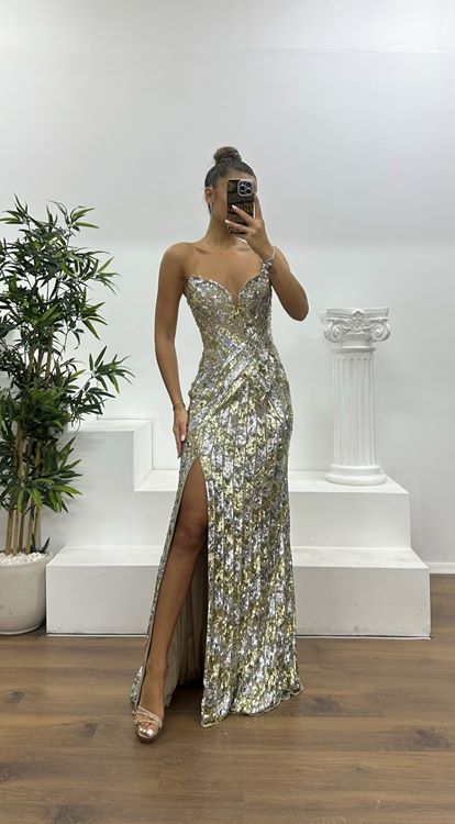 Krem-Gold Straplez Özel İşlemesi Abiye Elbise