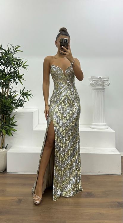 Krem-Gold Straplez Özel İşlemesi Abiye Elbise