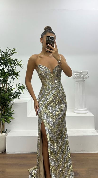 Krem-Gold Straplez Özel İşlemesi Abiye Elbise
