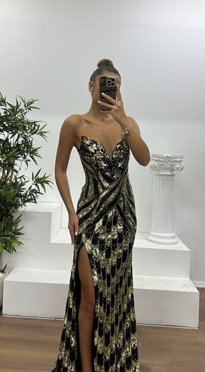 Siyah-Gold Straplez Özel İşlemesi Abiye Elbise