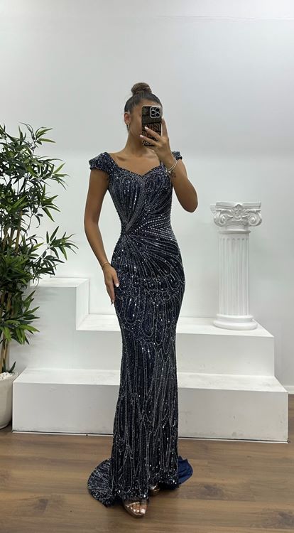 Abito da sera speciale blu navy a maniche corte  ricamato a mano 