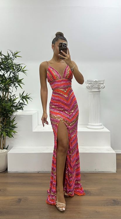 Turuncu İp Askılı Özel El İşlemesi Abiye Elbise