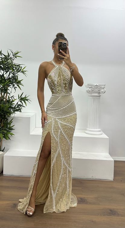 Krem-Gold Boyundan Bağlamalı Özel El İşlemesi Abiye Elbise