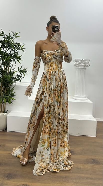 Bakır Kalp Yaka Desenli Abiye Elbise