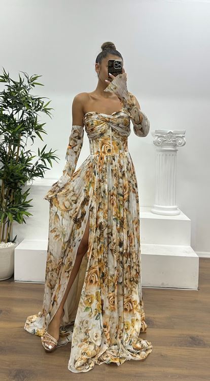 Bakır Kalp Yaka Desenli Abiye Elbise