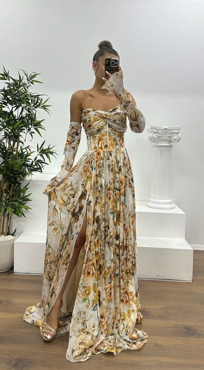 Bakır Kalp Yaka Desenli Abiye Elbise