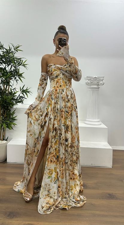 Bakır Kalp Yaka Desenli Abiye Elbise