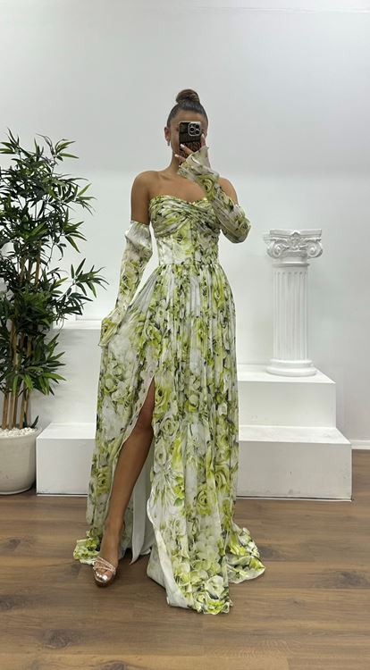Green Heart Neck Patterned Evening Dress