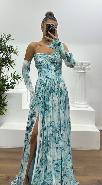 İndigo Kalp Yaka Desenli Abiye Elbise