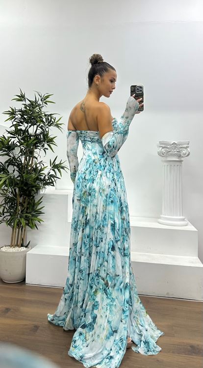 İndigo Kalp Yaka Desenli Abiye Elbise