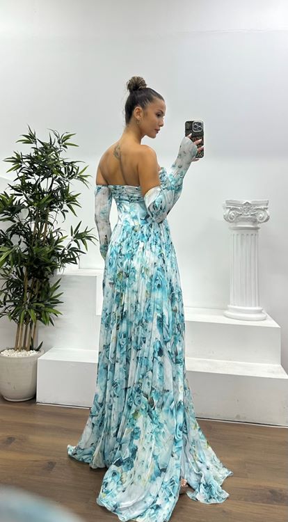 İndigo Kalp Yaka Desenli Abiye Elbise