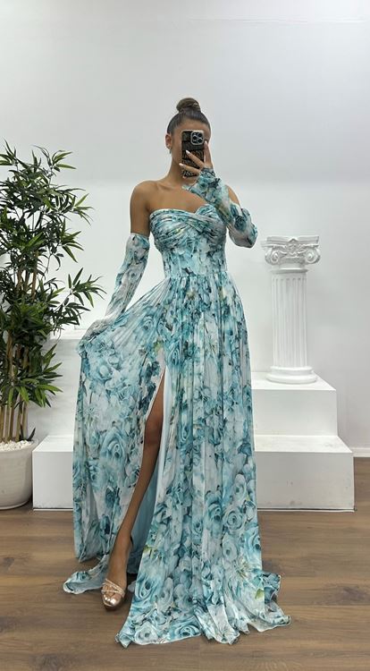 İndigo Kalp Yaka Desenli Abiye Elbise