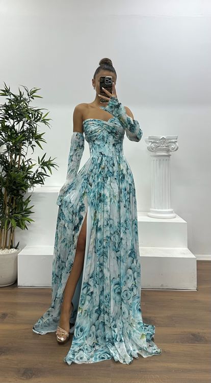 İndigo Kalp Yaka Desenli Abiye Elbise