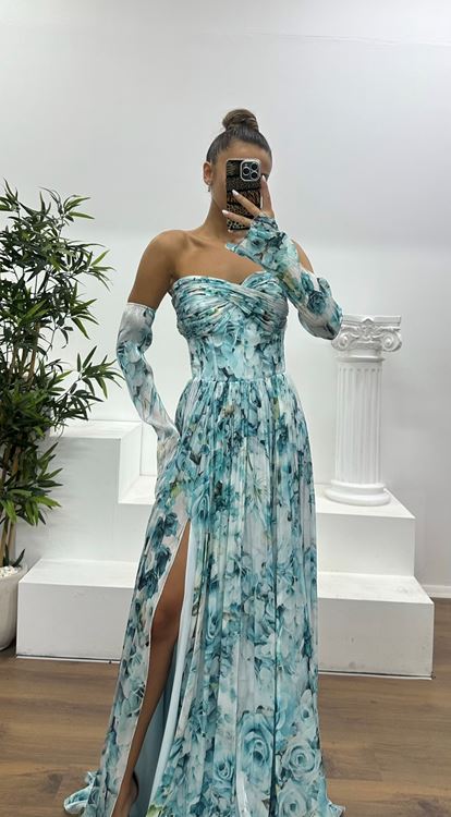 İndigo Kalp Yaka Desenli Abiye Elbise