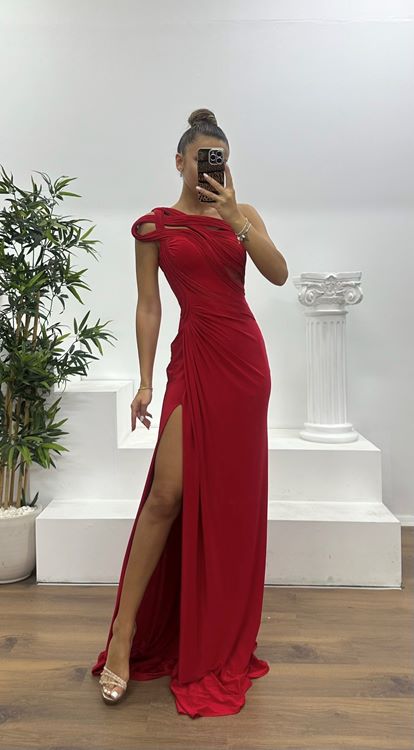 Kırmızı Tek Omuz Transparan Detay Abiye Elbise