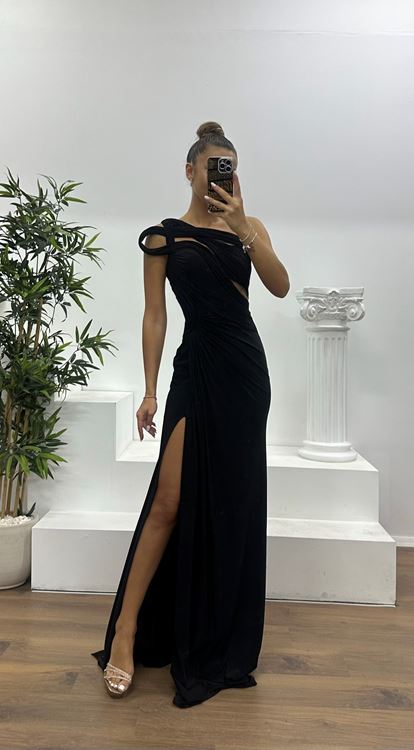 Siyah Tek Omuz Transparan Detay Abiye Elbise