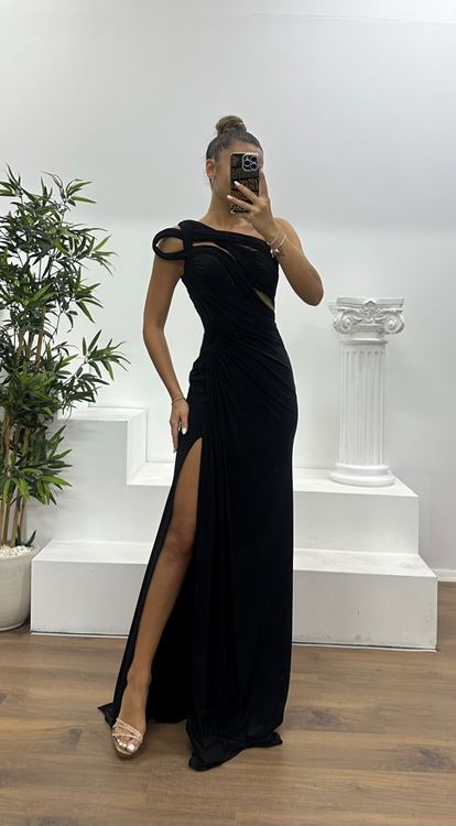 Siyah Tek Omuz Transparan Detay Abiye Elbise