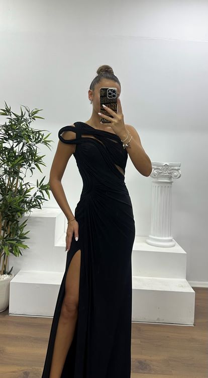 Siyah Tek Omuz Transparan Detay Abiye Elbise